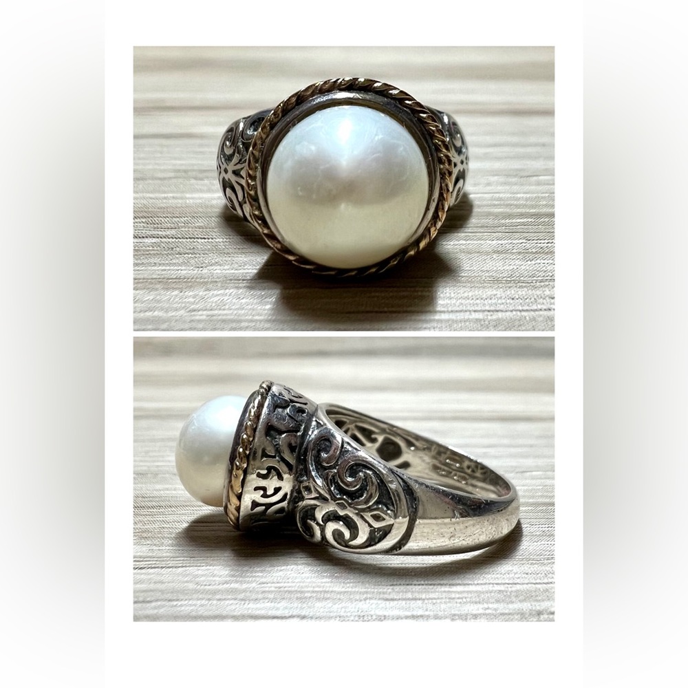 Vintage Designer Signed ATR Sterling Silver & 14K Gold Pearl Ring, Size 6.75